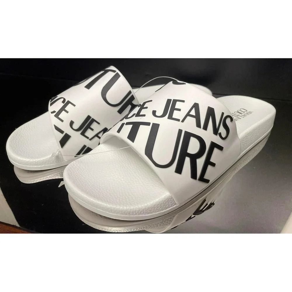 Versace Jeans Couture Mens White Black Logo Slide Sandals Summer Shoes New